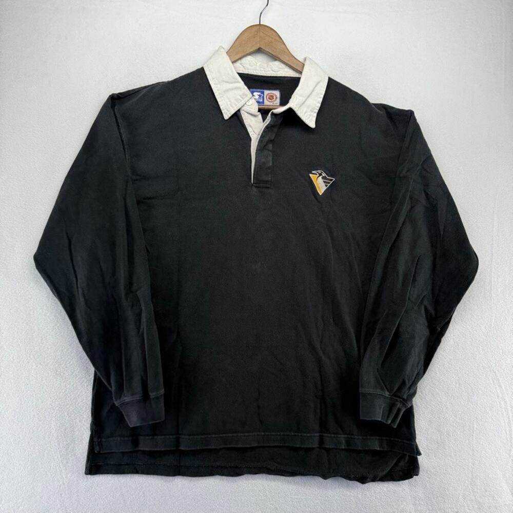 Vintage Pittsburgh penguins Rugby Shirt Men's XL Black Embroidered Starter 90s - Picture 2 of 12